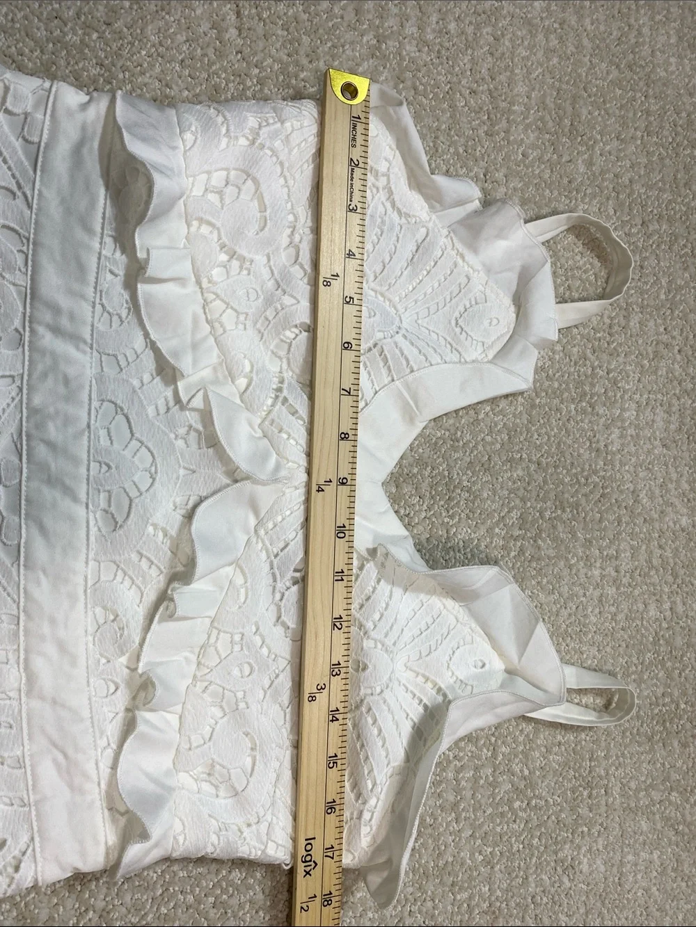 Women's White Lace Ruffle Midi Dress - Elegant Spaghetti-Strap Design Size L